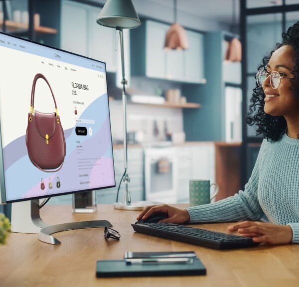 Latina Female Using Desktop Computer with Clothing Online Web Store to Choose and Buy Clothes from New Collection. Female Browsing the Internet at Home Living Room while Sitting at a Table